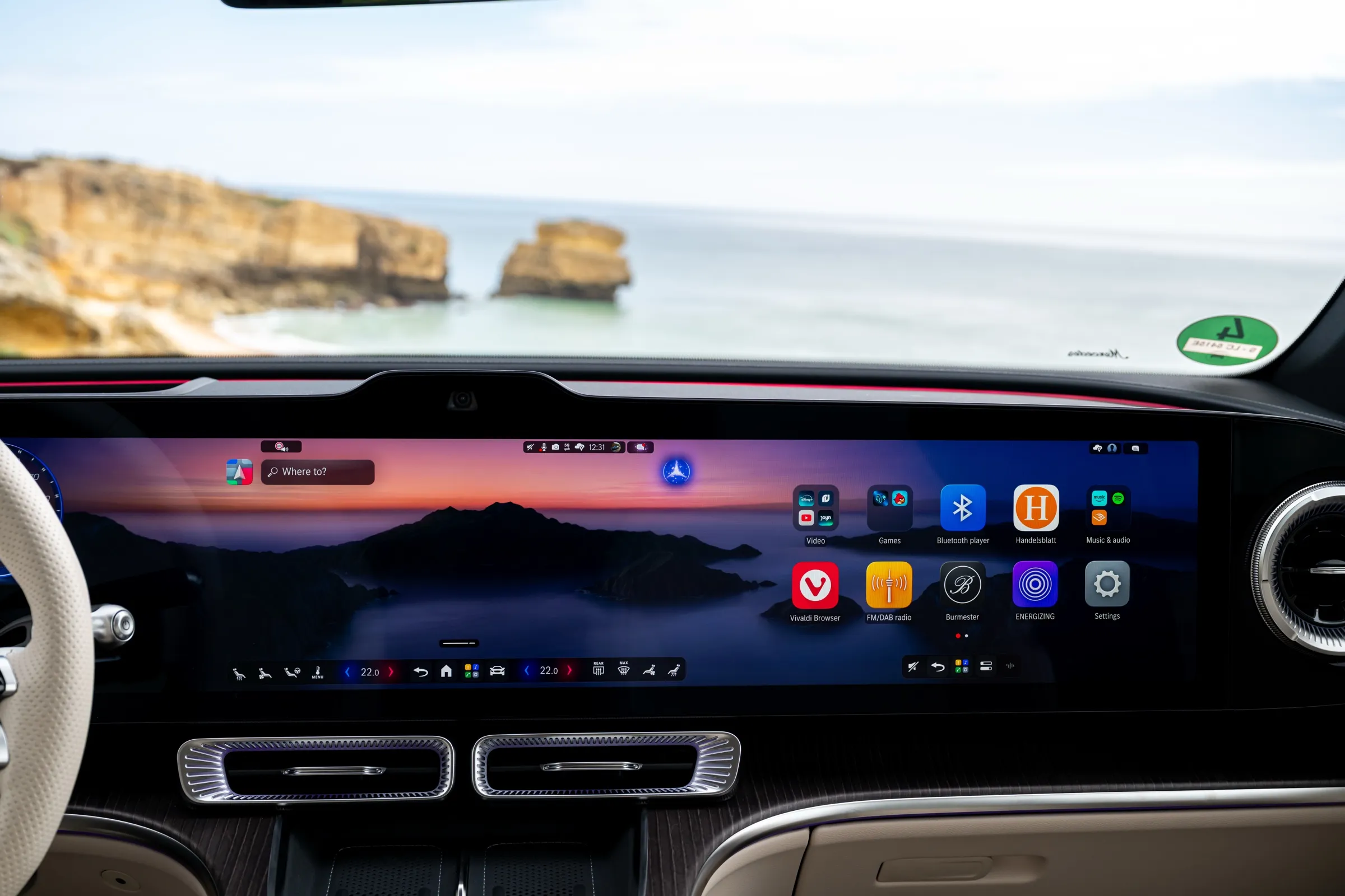 Close-up of the MBUX Hyperscreen in the electric Mercedes GLC