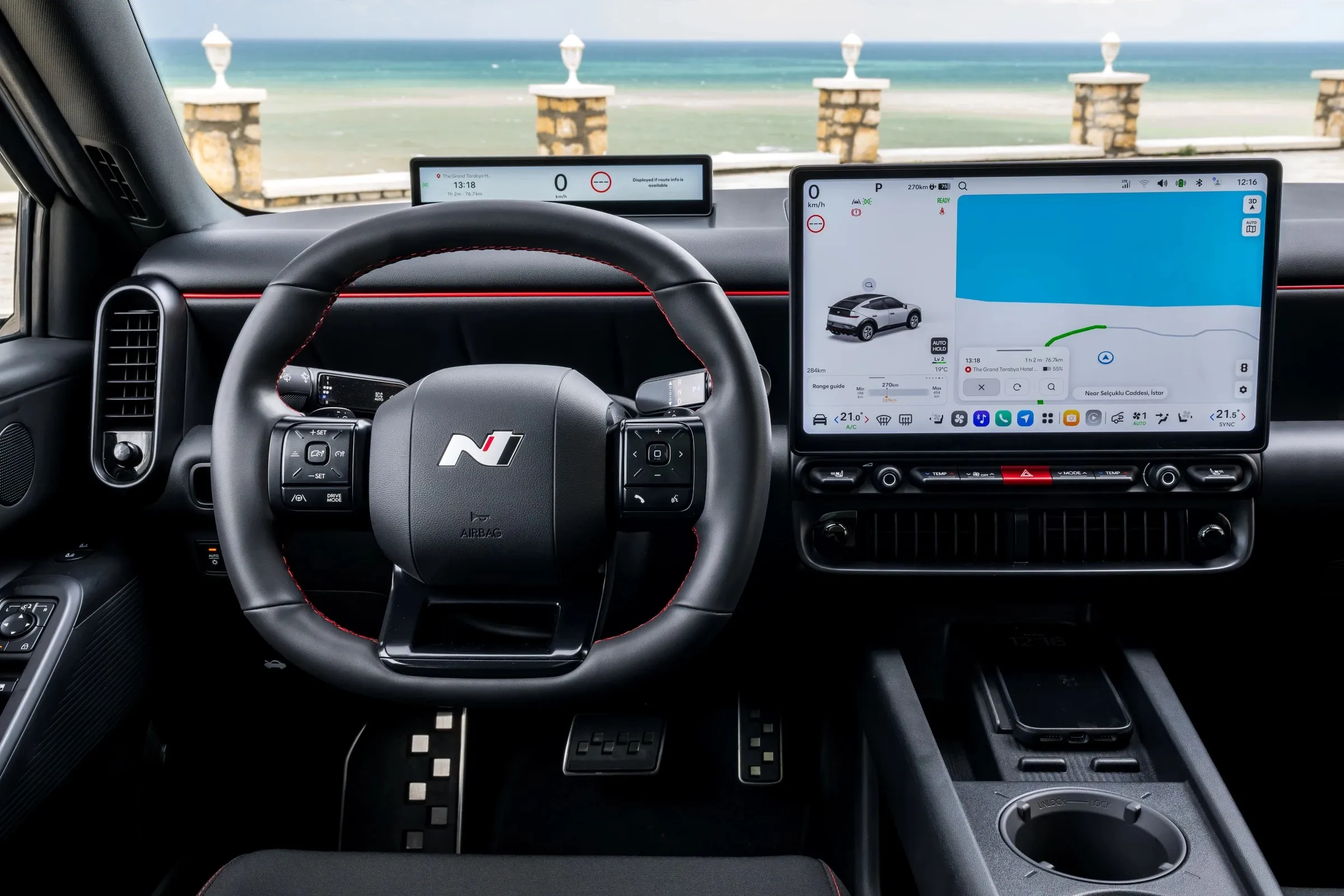 Hyundai Ioniq 3 N Line interior with N steering wheel and red trim