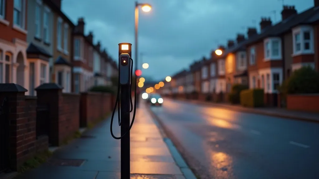 Lamp-post charge point with a charging cable on a residential street at dusk