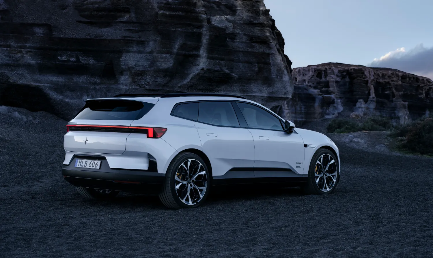 Polestar 4 SUV from the rear three-quarter, showing its rear window