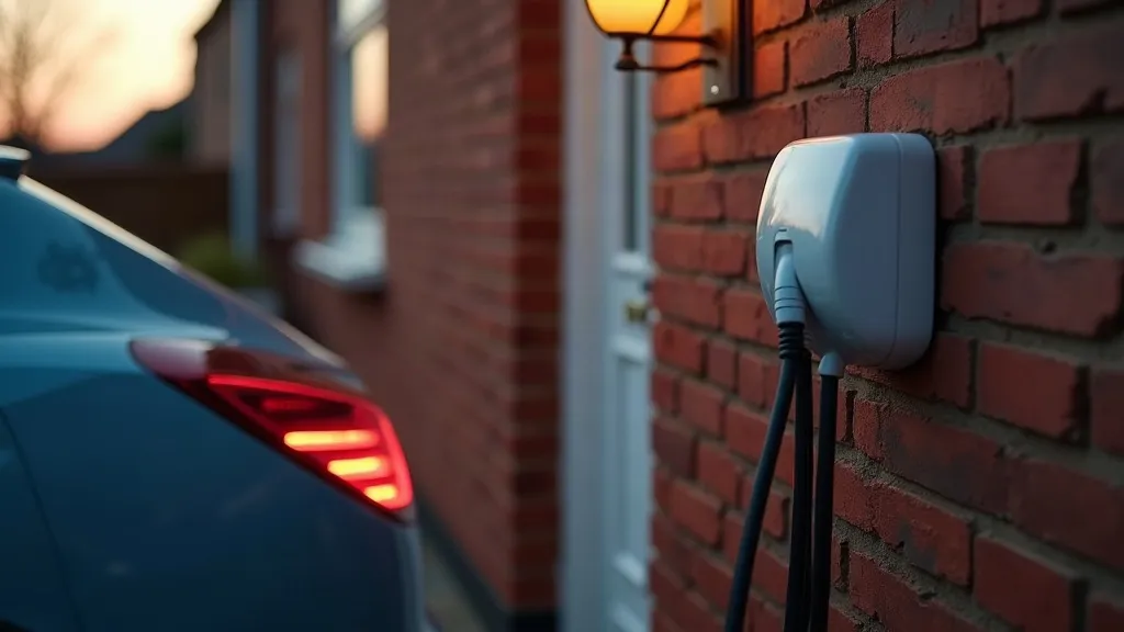 Wall-mounted home EV charger on a brick house wall at dusk